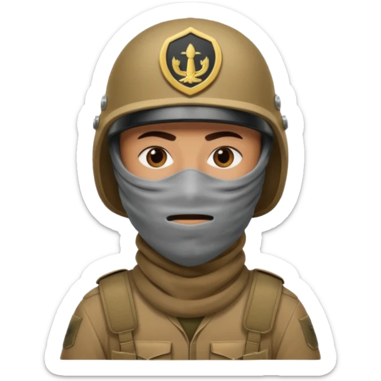 
an Iraqi soldier with a serious face, wearing a helmet and a balaclava covering his mouth sticker