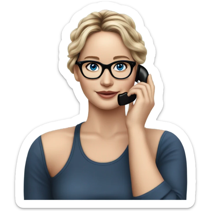 Realistic Photo of Brunette Jennifer Lawrence wearing black glasses and blue eyes talking on the phone  sticker