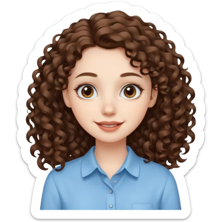Light brown eyed female with pale skin. She has big eyes, curly and long dark brown hair and thin lips smiling. sticker