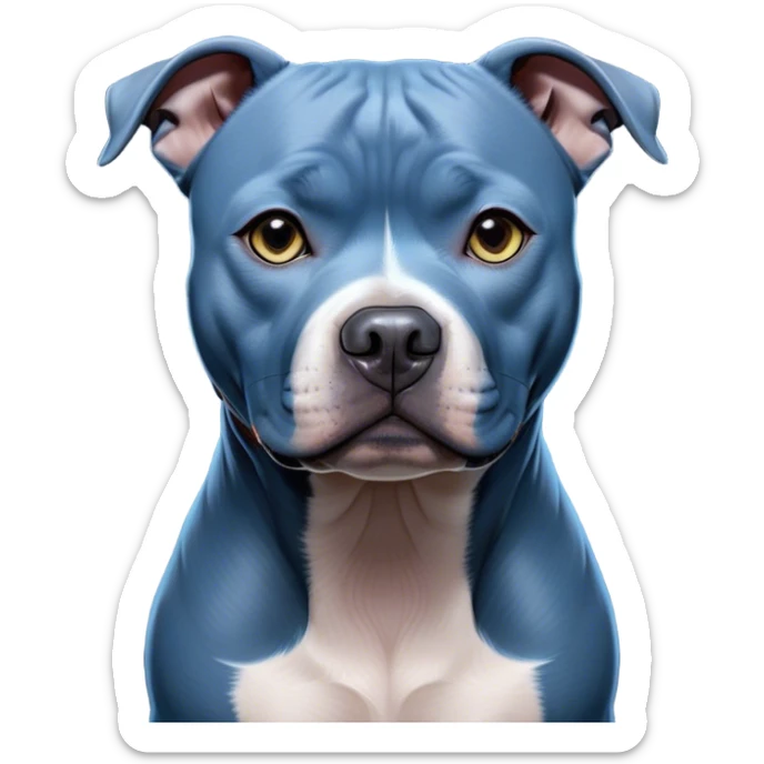 Cinematic Noble Blue Staffordshire Bull Terrier Portrait Emoji, Poised and regal, with a compact, muscular build and a sleek, well-groomed blue Fur, deep-set soulful dark eyes, Simplified yet sharp and sophisticated features, highly detailed, glowing with a soft, dignified glow, high shine, intelligent and loyal, stylized with an air of strength, focused and attentive, soft glowing outline, capturing the essence of a watchful and confident guardian, so majestic it feels as though it could stride out of the screen with effortless authority! sticker