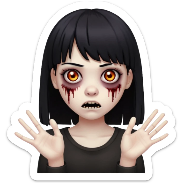 uma menina zumbi com cabelo preto e liso e uma franja. ela tem um estilo meio emo e com as mãos para frente com uma cara assustadora  sticker
