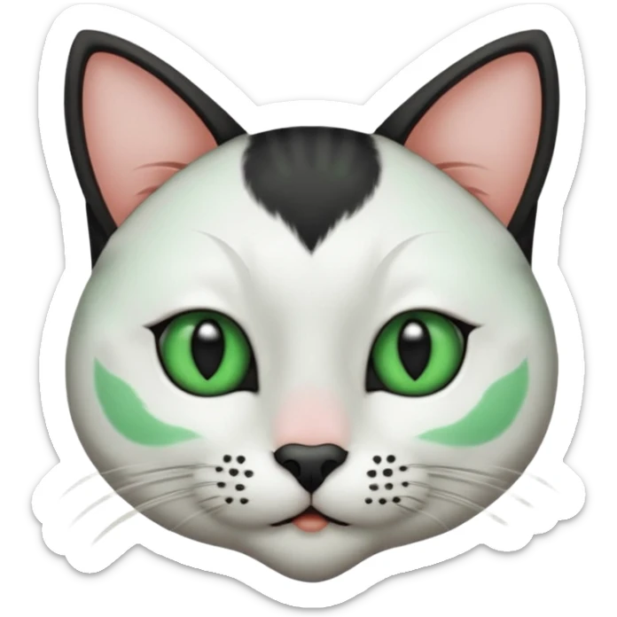 Haz una gata de ojos verdes la cara blanca con mancha negra en las orejas que agarra parte de la frente del lado der pero del iz va desde el ojo hasta la oreja la mancha, tiene la nariz negra en forma de corazón y todo lo que sobra de la cara, barbilla la nariz arriba y el lado de bigotes es blanca sticker