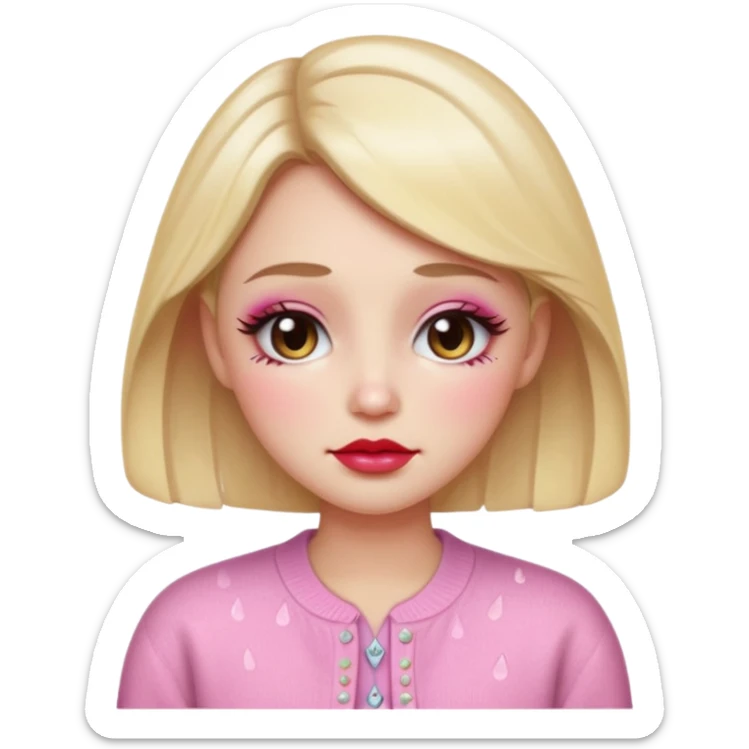 “Emoji girl, dewy skin, heavy blush across cheeks and nose bridge, glossy cherry lips, soft eyeliner, teary sparkling eyes, pastel cardigan.” sticker