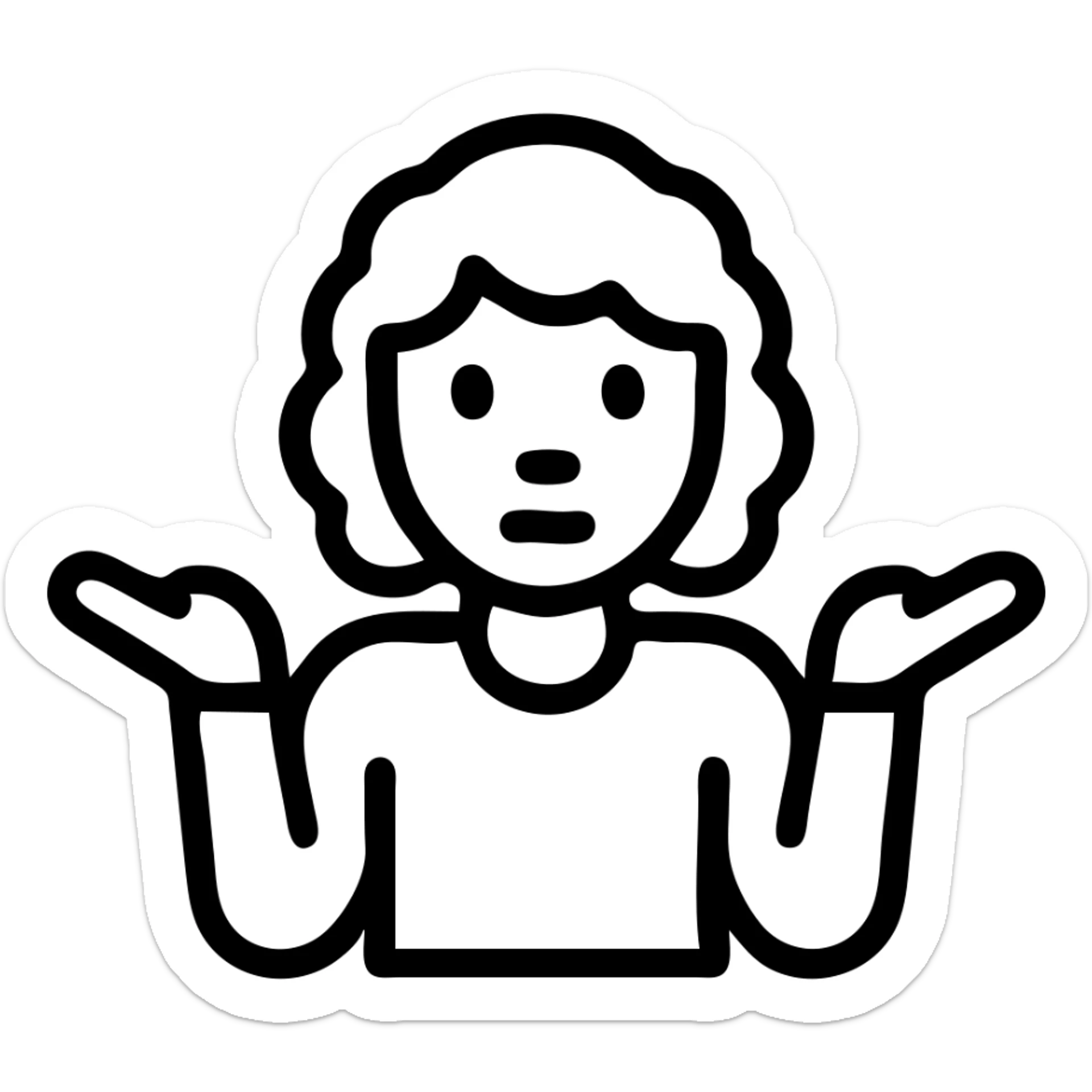 woman with short curly blonde hair and blue eyes, shrugging, flat icon style sticker