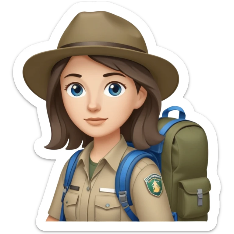 white woman park ranger with gray and brown hair, blue eyes, wearing a backpack sticker