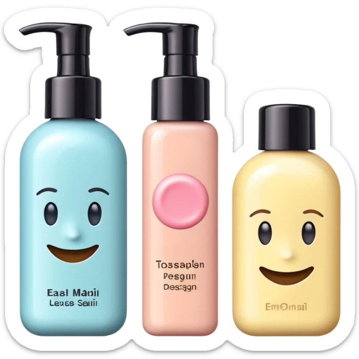 emoji of three different beauty products, with brand labels, minimalistic but luxury design (realistic), pastel colors sticker