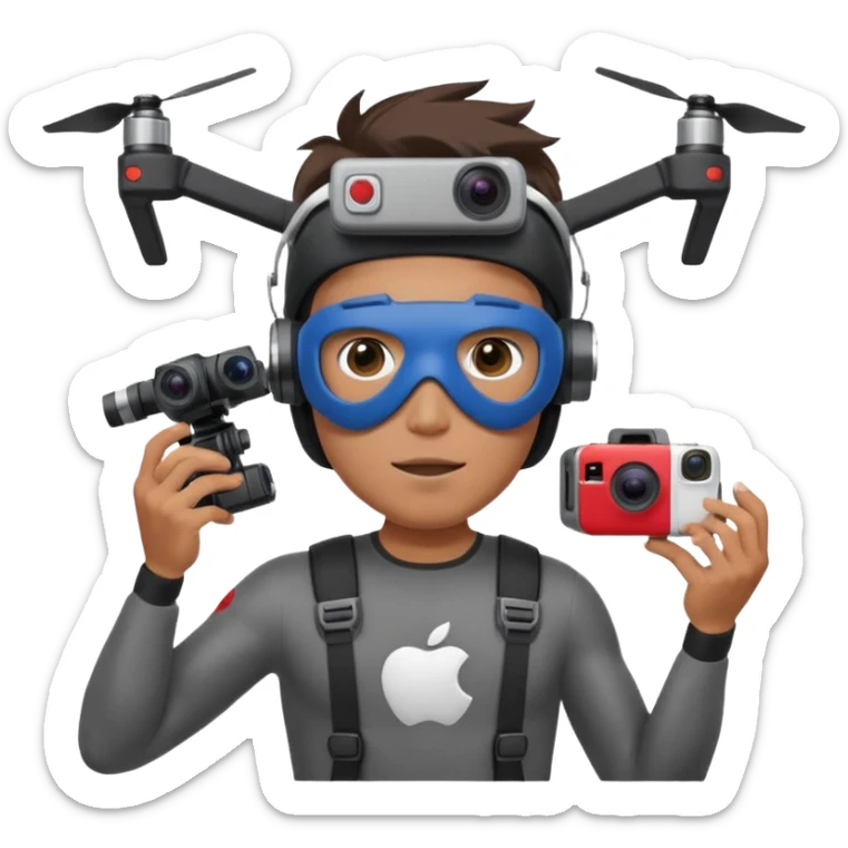 Super hero photographe, gopro sur la tête, masque ce fpv  (style Apple vision) sur les yeux. Un drone à côté de lui. Il tiens un appareil photo reflex. sticker