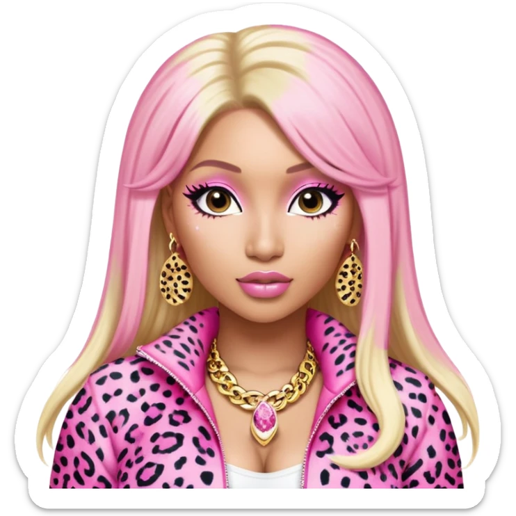 nicki minaj in super bass's music video with pink and white leopard print outfit, hair left side blonde and hair right side pink, with bangsa and no earrings) sticker