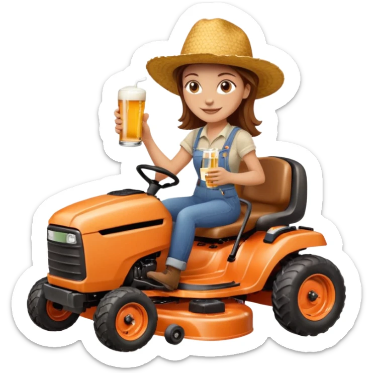 White woman with brown hair, without glasses wearing a straw hat, on old orange ride on lawn mower, holding a beer with one hand and holding the steering wheel with the other hand. Woman is smiling.  sticker