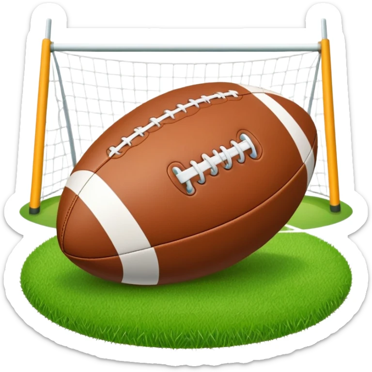 A rugby ball resting on a grassy field, with goalposts in the background. The scene captures the essence of the sport, with the field clearly marked and ready for a game, highlighting the intensity and teamwork of rugby. sticker