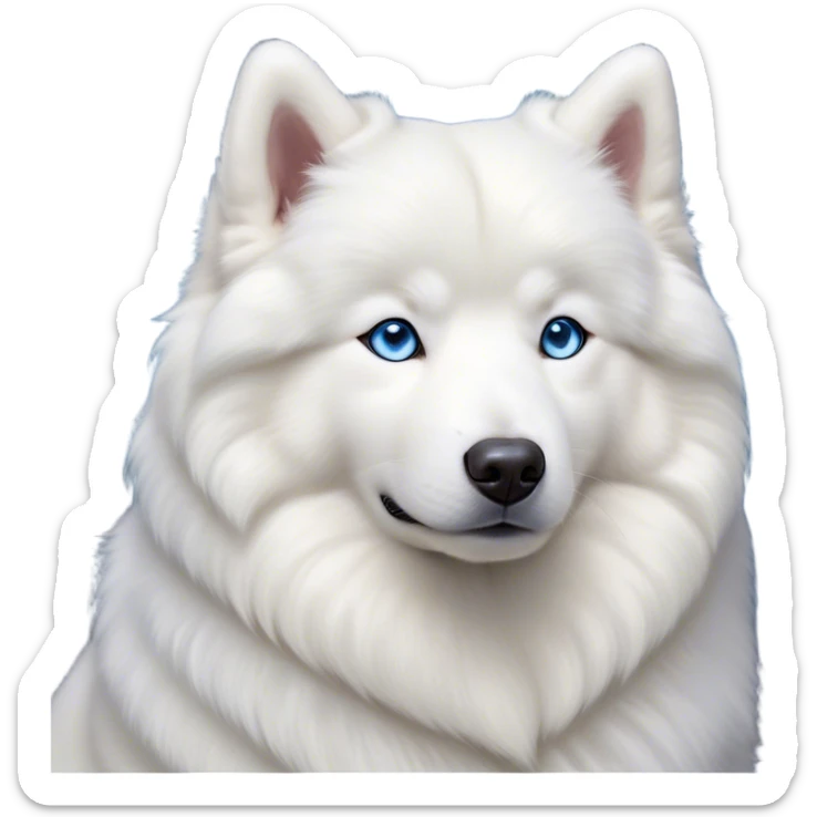 Cinematic Noble Samoyed Portrait Emoji, Poised and regal, with a majestic, sturdy build and a luxuriously fluffy pure white Fur, deep-set soulful blue eyes, Simplified yet sharp and sophisticated features, highly detailed, glowing with a soft, dignified glow, high shine, intelligent and gentle, stylized with an air of elegance, focused and attentive, soft glowing outline, capturing the essence of a watchful and confident companion, so majestic it feels as though it could bound out of the screen with effortless authority! sticker