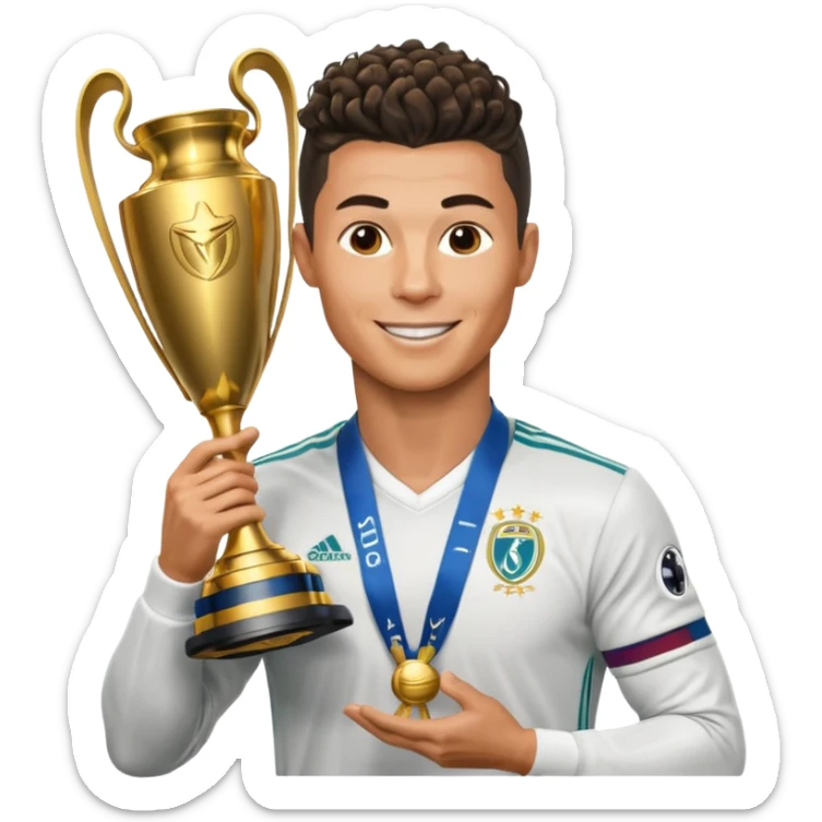 Cristiano Ronaldo holfing the champions league with noodle hair sticker