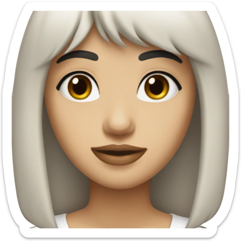 TransGirl with an oval face, fair skin, long dark brown wavy hair with bangs, brown eyes, dark brown straight eyebrows, medium-sized straight nose, slightly full lips, wearing a black choker necklace and a white t-shirt.

 sticker