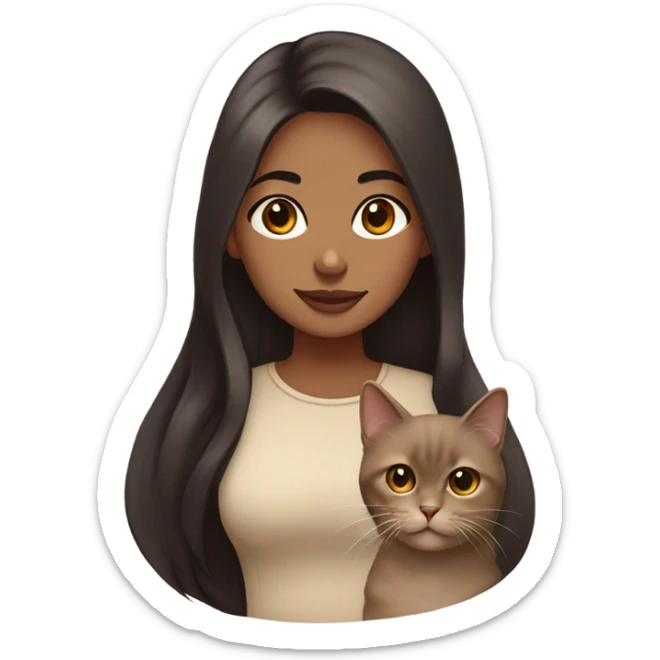 Beige girl with long dark brown south Asian  hair and a beige Persian cat  sticker