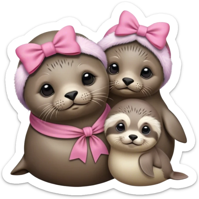 Mom seal with pink bow on her head and baby seal with a brown touqe sticker