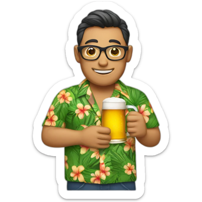 A person wearing glasses and an aloha shirt is holding beer sticker