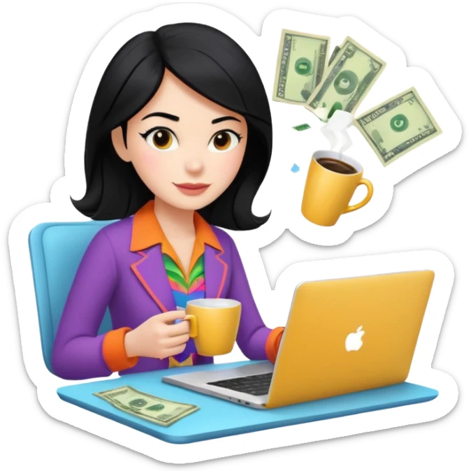  woman character with laptop and coffee in Paris, dollars coming out from the screen floating, colorful chic outfit, white laptop, Pixar style, black hair, fair skin,  sticker