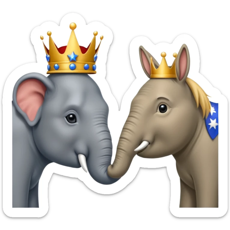 Democratic Party elephant facing Republican Party donkey with King Trump inbetween sticker
