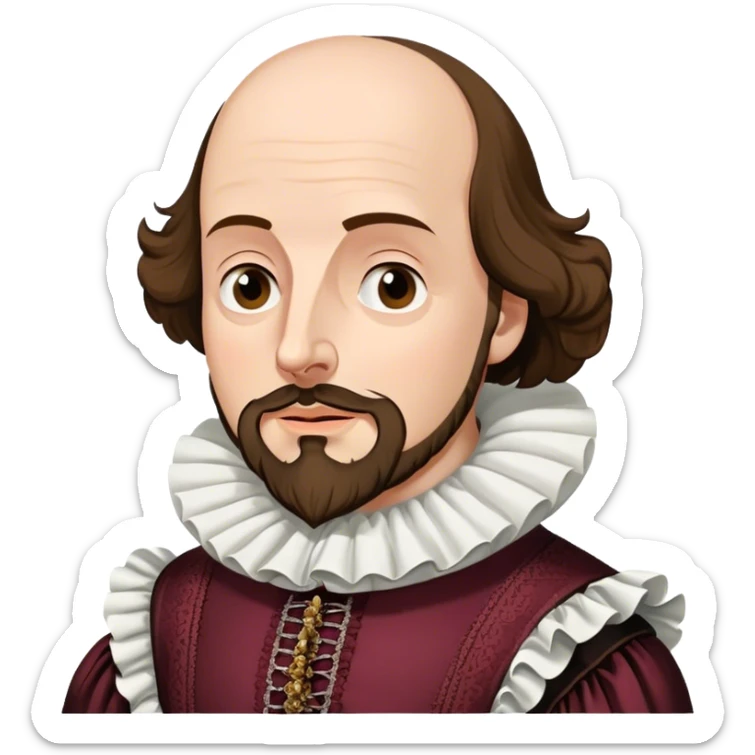 Cinematic Realistic portrait of William Shakespeare, depicted as an iconic playwright in richly detailed Elizabethan attire with a ruffled collar, expressive eyes, and a thoughtful gaze, bathed in dramatic historical lighting that evokes the Bard’s timeless legacy sticker
