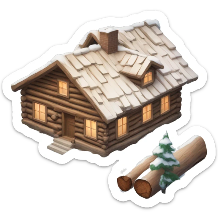 The house is made of chopped logs, one-story, in the snow sticker