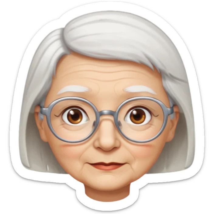 Create me emoji of an old lady. Short white hair to left side. Square glasses. Brown eyes. Rounded really big and really wide face. Wide nose.  sticker