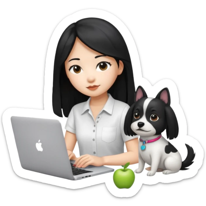 Blue back ground, Asian girl with long black hair , wearing a white shirt, working on an Apple laptop, next to her is a small black and white dog sticker