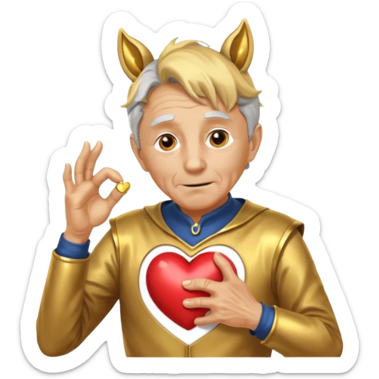 An elderly man with golden skin, his body shining like polished metal, wearing a horse cosplay costume with horse ears and a tail. He is making a heart shape with his hands and blushing slightly, showing a shy and embarrassed expression. sticker