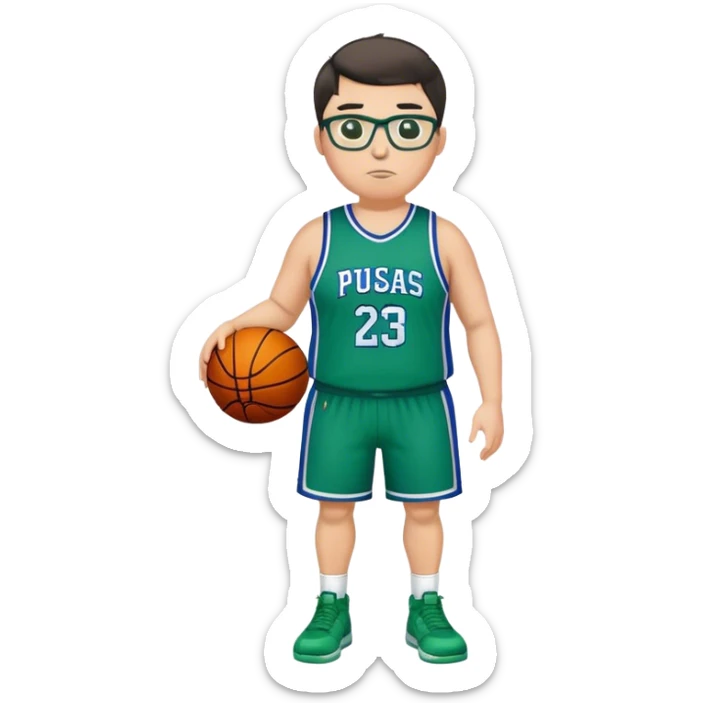 Full Body plus size white male with dark short hair basketball player wearing glasses wearing blue green uniform sticker