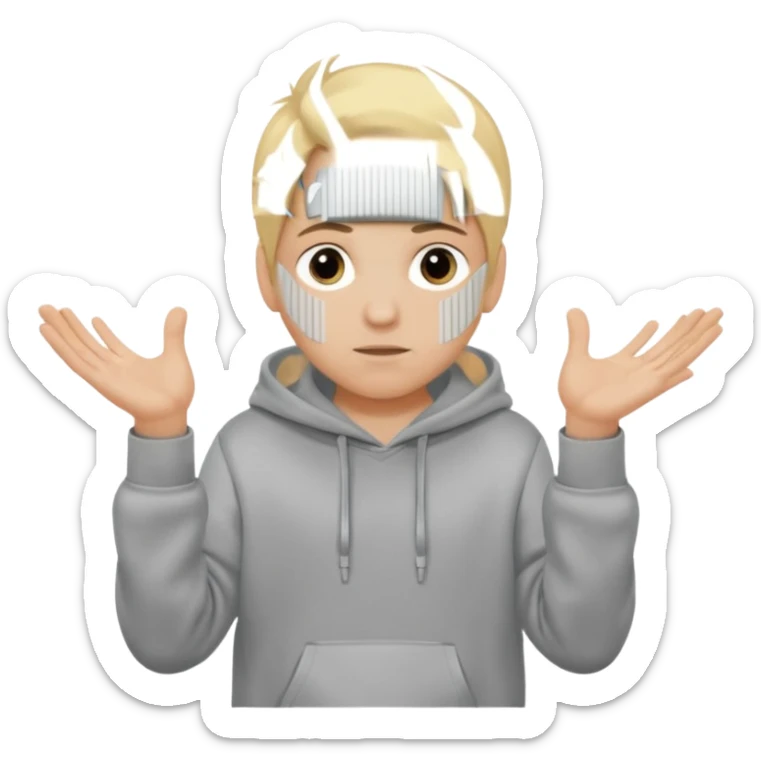 Emoji of a kid with blonde hair and a grey hoodie holds a six in his left hand and a seven in his right sticker