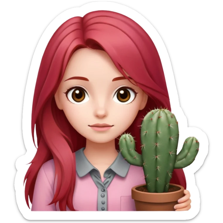 crie uma garota de cabelo longo ruivo, blusa rosa, olhos castanhos, segurando um cato cinza sticker