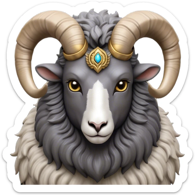 Cinematic Noble Ram Portrait Emoji, Poised and regal, with a sturdy, powerful build and a thick, woolly grey fur adorned with impressively curled horns, deep-set soulful dark eyes, Simplified yet sharp and sophisticated features, highly detailed, glowing with a soft, dignified glow, high shine, intelligent and commanding, stylized with an air of rugged majesty, focused and attentive, soft glowing outline, capturing the essence of a watchful and confident ram, so majestic it feels as though it could charge out of the screen with effortless authority! sticker