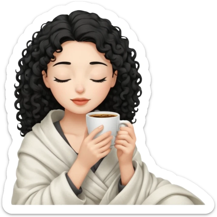 Gözleri kapalı, beyaz tenli ve kıvırcık siyah saçlı saç boyu orta omuzlarında bir kadın avatar, battaniyeye sarılmış halde beyaz bir Türk kahvesi fincanından içeceğini huzurla yudumluyor. sticker