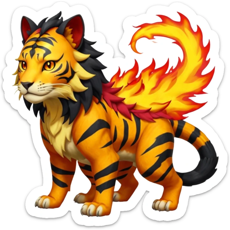 Volcanic Fiery Colorful exotic dark-colored, vibrant, golden, burning, badass, cool, realistic Pyroar-Sprigatito-Torracat-Litten-Luxray-Tigress-Tiger-Liger-Hybrid-Fakemon-Creature (full body) sticker
