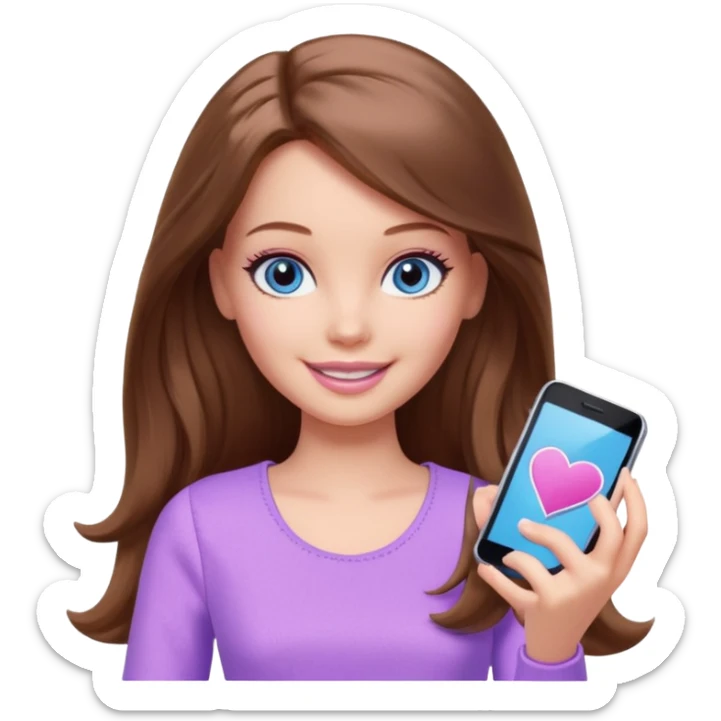 beautiful barbie girl with long brown hair, blue eyes and wearing light purple clothes playing games sticker