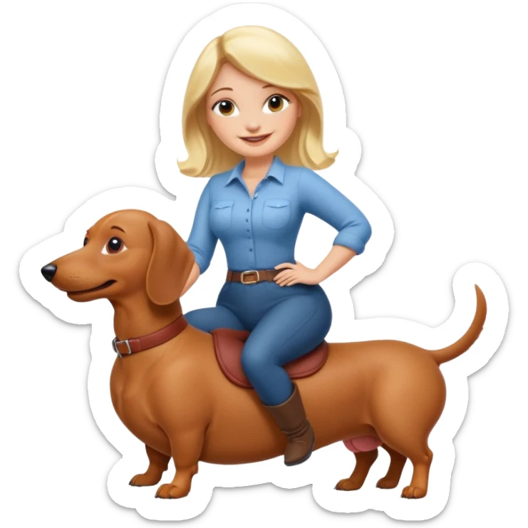 A blonde curvy woman riding on top of a dachshund sticker