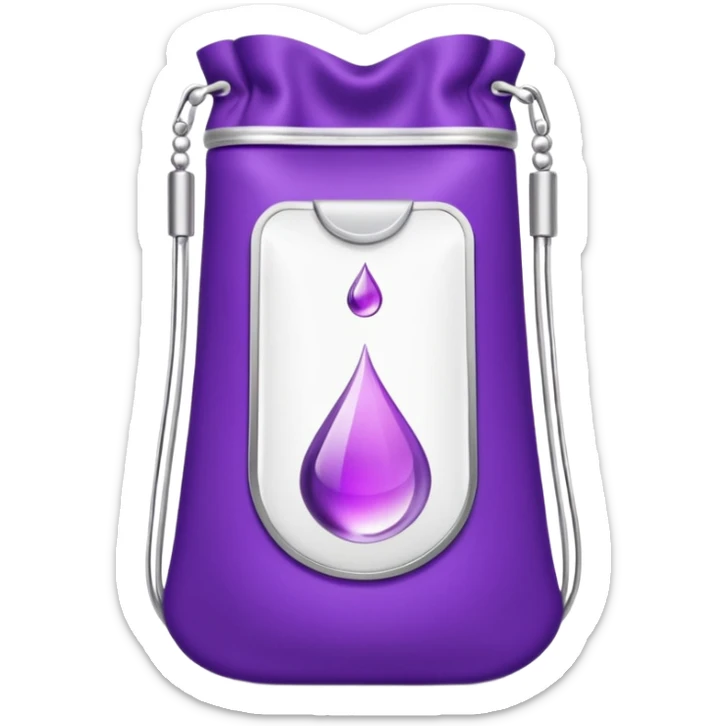 sleek modern purple wellness shot pouch with silver trim and droplet icon, symbolizing VELOVITA RESERVE antioxidant supplement, sophisticated exclusive pouch sticker