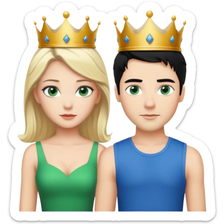 Prince with crown, black hair, body, legst, blue eyes, woman blonde hair, green eyes, sexy white short sleveless dress,  sticker