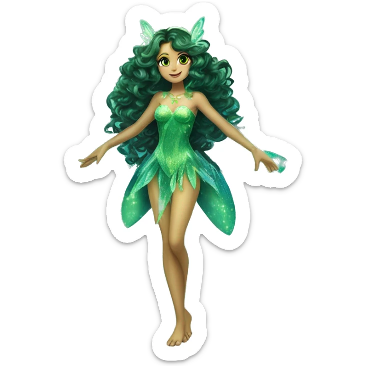 Aisha adult fairy of ocean / sea her enchantix fairy green / dark green sparkling two-piece clothing and fairy enchantix wings and long dark brown curlyhair in from winx club. Lots of sparkles and fairydust. Full body pic and full fairy bliss sticker
