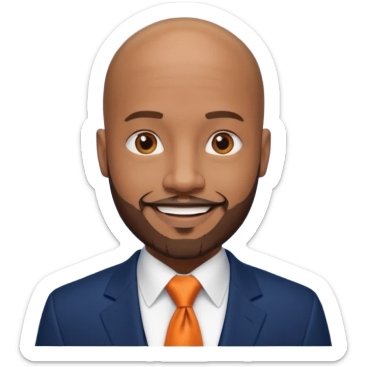 headshot of a sophisticated, stylish, bald head, smiling Caribbean black man with a beard and goatee in a navy blue suit, orange tie sticker