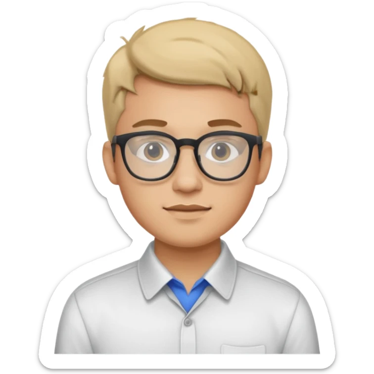 a man in his early 20s wearing glasses for a tech company, his job is marketer sticker