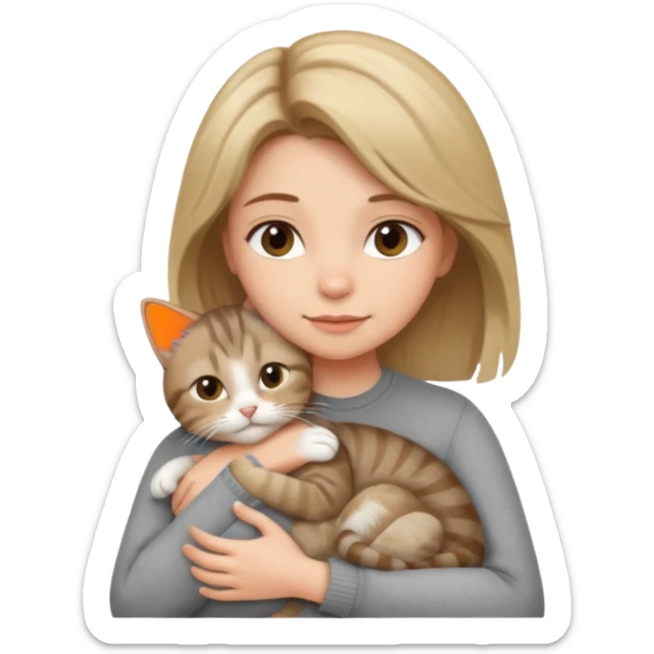 Une femme avec les cheveux dégradée, brun clair et blond, qui fait un câlin à son chat gris, tigré  sticker