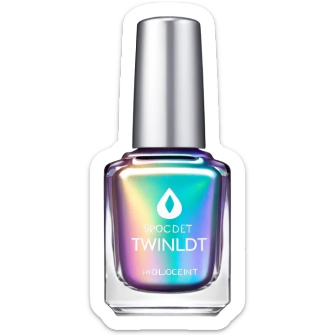 "TwinkledT" label, holo iridescent nail polish bottle, white lid sticker