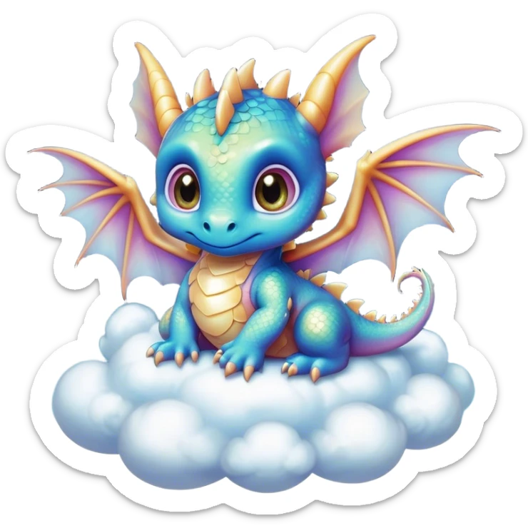Airbrush painted image of an adorable little baby dragon with large glistening eyes sitting on a cloud under a deep galactic sky with pearlescent scales and wings spread against the stars sticker
