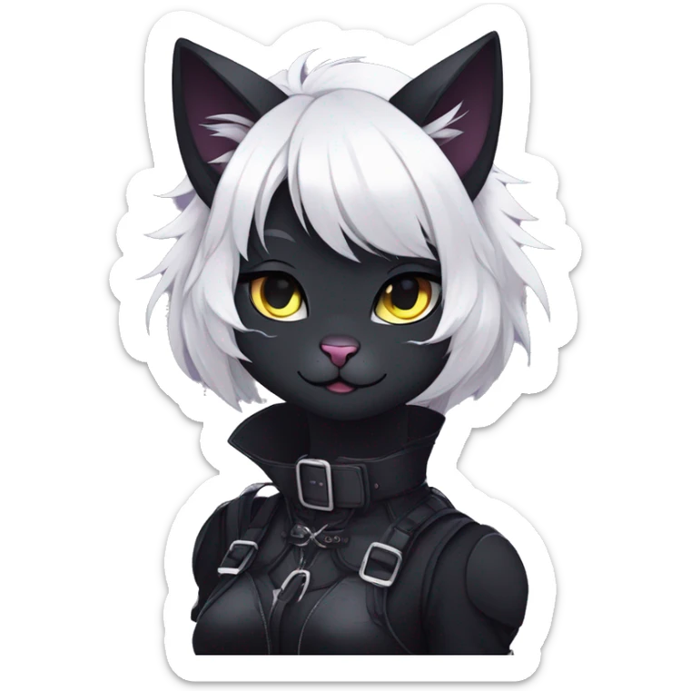 Gorgeous furry gothic dark techwear anime style anthro black cat furry sona Fakemon with blushing face aesthetic and pretty edgy black with collar and harness trending style sticker