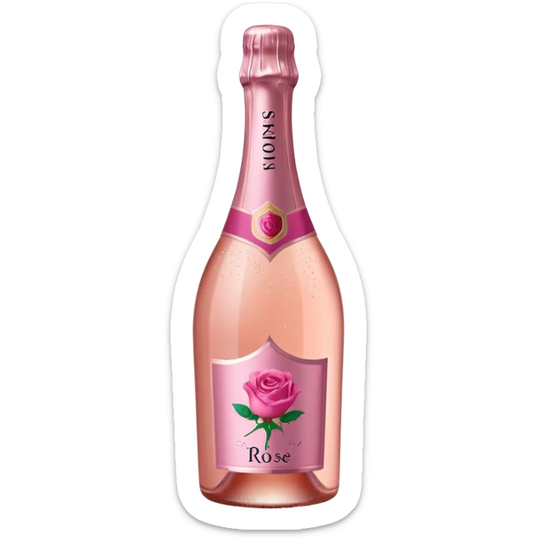 bottle of sparkling rosé with a rose logo on the label, angled to the left, no glass sticker