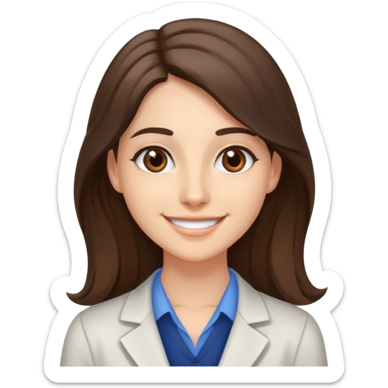A young teacher smiling with brunette long hair an brown big eyes,  sticker