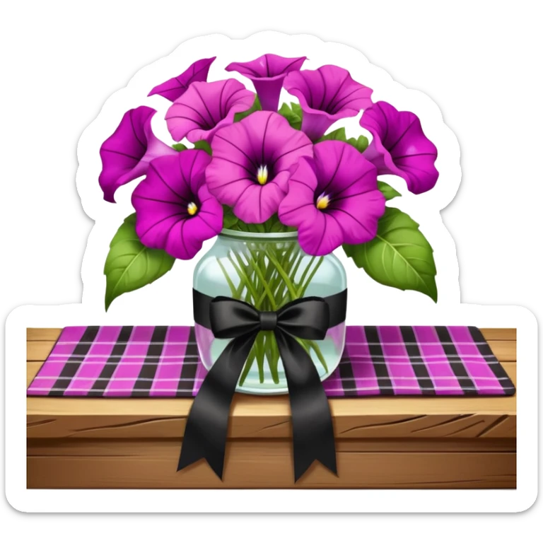 A lush bouquet of bright light margenta color petunia black satin ribbon, resting on an antique wooden table, with a pale yellow and pink plaid pattern table cloth sticker