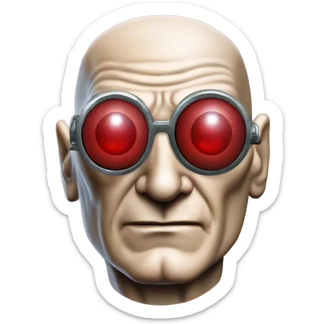 Jean luc picard from Star Trek assimilated by the Borg, with metal covering his eye with a red glass lens sticker