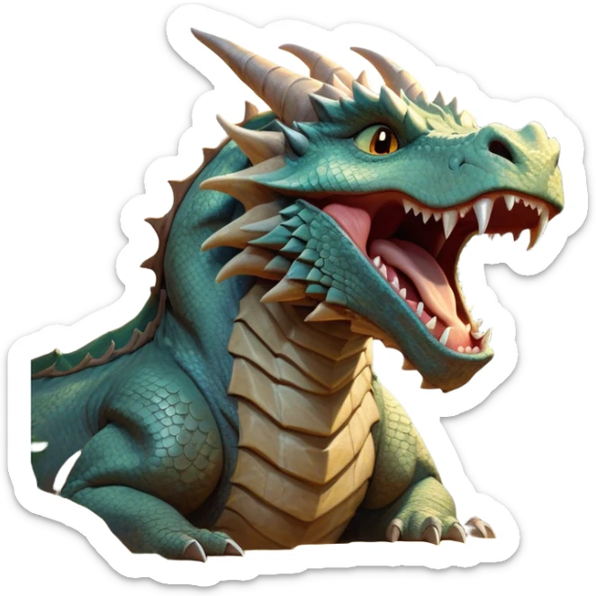 Cinematic Cute Yawning Giant Rock Dragon Portrait Emoji, Head tilted slightly with a dramatic, wide-open yawn, revealing a colossal, rugged body with weathered, rock-like scales and subtly drooping, earthy features rendered in authentic, stony texture; high shine, relaxed yet powerful, styled with a dash of timeless geological charm, soft glowing outline, capturing the essence of a sleepy but stoic rock behemoth ready to settle into an ancient, enduring slumber! sticker