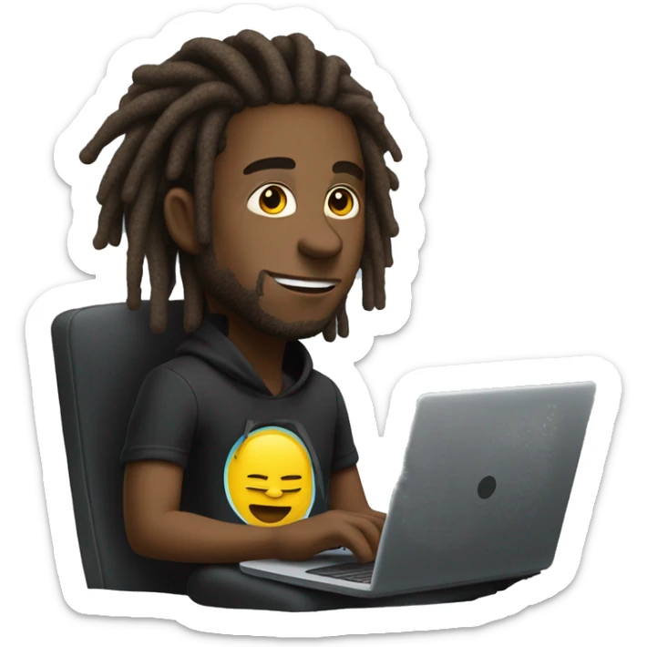 Black-guy-with-dreads-wearing-black-trackstuit-sitting-down-on-chair facing-foward-focused-on-laptop-computer- sticker